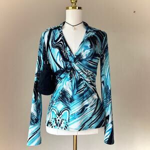 Y2K Cache Blue Multicolor Abstract Collared Wrap Sequin Going Out Top - Small